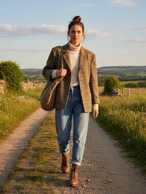 Scottish Wool Tweed Jacket Women 12 Blazer Neutral Plaid Country Equestrian Vtg